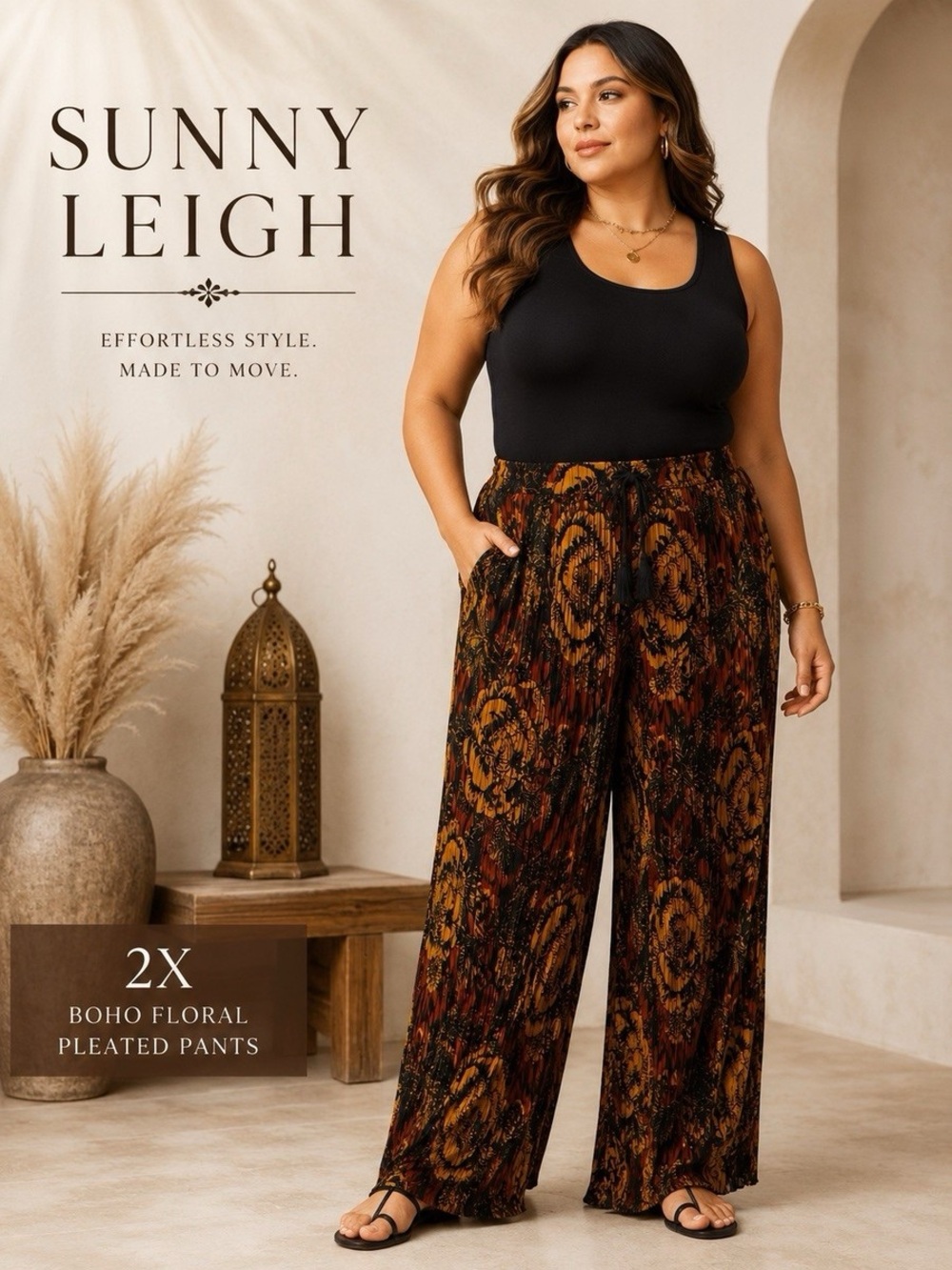 NWOT Sunny Leigh Wide-Leg Boho Floral Pleated Pants — Black Multi plus SZ 2XL